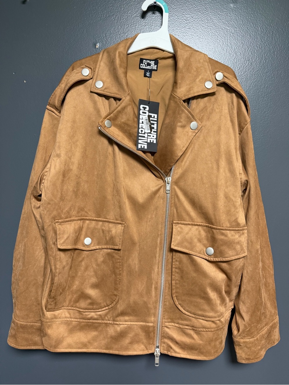 NWT Future Collective Faux Suede Relaxed Moto Jacket Cognac S